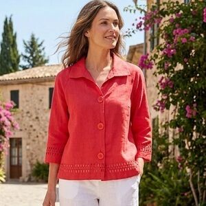 100% linen shirt with embroidery on the bottom and sleeves size L-M coral color